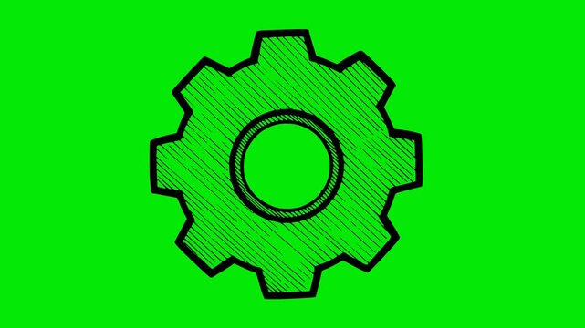 Animated sketch of a rotating gear symbol in black ink. Hand-drawn technical element with hatching fill on a green screen chroma key background for easy video editing