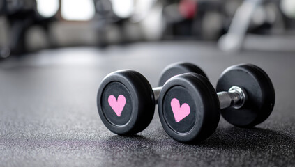 Dumbbells with pink heart symbols on gym floor, representing love for fitness, healthy lifestyle, and workout training