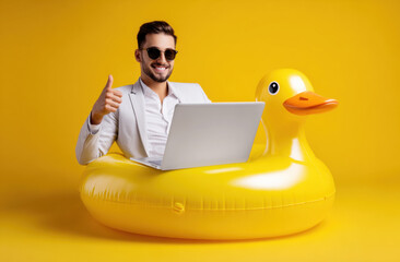 Happy businessman in straw hat and sunglasses wearing an inflatable duck ring, working on a laptop, giving thumbs up