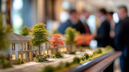 Real estate business market, house home building purchase sale. A miniature model of a cityscape with a house, trees, and a road, set against a blurred background. The house is the main subject.
