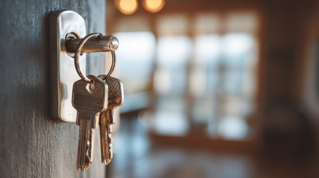 Real estate business market, house home building purchase sale. A closeup shot of a door handle with a bunch of keys hanging from it, set against a blurred background.