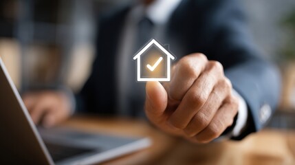 Real estate business market, house home building purchase sale. A man in a suit using a laptop with a house icon on the screen, indicating a real estate transaction.
