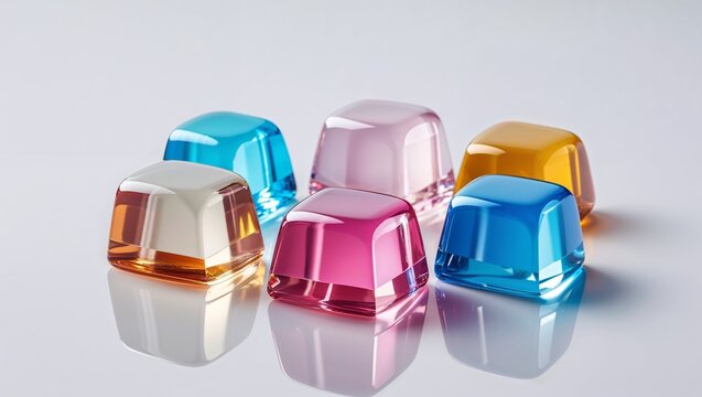 Glossy hard candy with crystal clear shine perfectly smooth surface and bright color reflections on plain white background