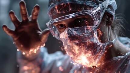 Intense scientist in protective gear exploring glowing digital energy, pushing boundaries of innovation and discovery