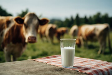 Glass of milk on table with cows in pasture on sunny day