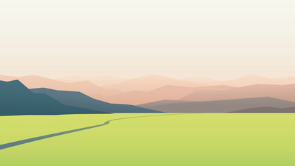 a misty mountains and green valley landscape