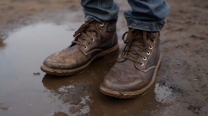 Close up of muddy wet leather boots standing in a puddle on the ground suggesting outdoor activity