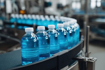 Plastic water bottles on production line in beverage manufacturing plant