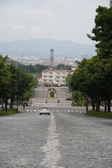 Tree-Lined Road and HAKODATE Monument at Wakamatsu Pier, Hakodate
