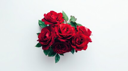 A bouquet of red roses laid out on a clean white background, captured with professional commercial photography, presenting an elegant floral display.