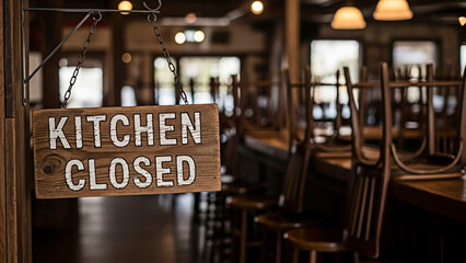 A kitchen closed sign hanging in a restaurant dining area with empty tables and chairs.