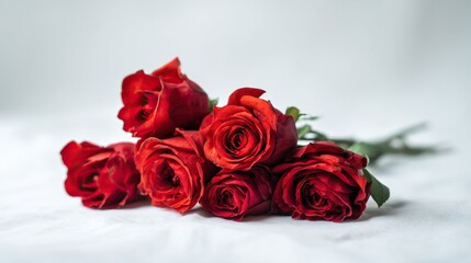 Fototapeta premium A bouquet of red roses laid out on a clean white background, captured with professional commercial photography, presenting an elegant floral display.