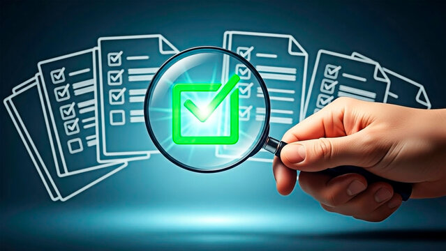 A hand holding a magnifying glass over documents for quality control and auditing