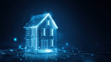 Real estate business market, house home building purchase sale. A digital house rendered in blue against a dark background, illuminated by a network of connected lines and dots.