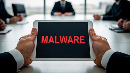 A businessman displaying a malware warning on a tablet to colleagues in a meeting room