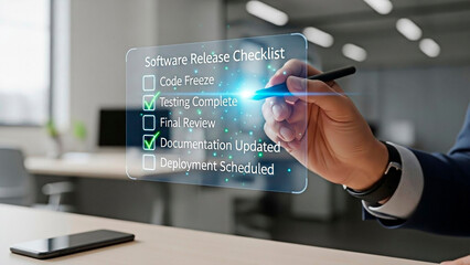 A businessman reviewing a software release checklist in a modern office