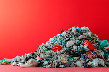 Significant pile of domestic - environmental issue of overconsumption and subsequent waste generation red background