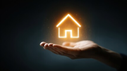Real estate business market, house home building purchase sale. A persons hand holding a glowing, neonlit house symbol against a dark background.