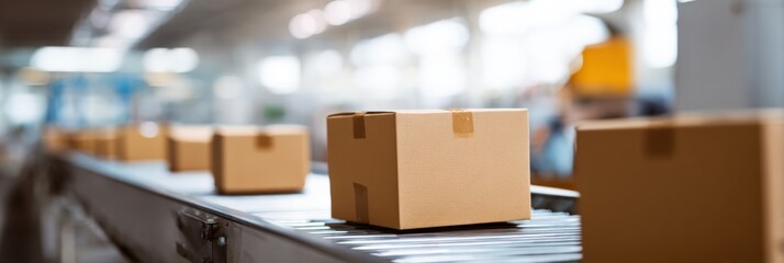 Cardboard boxes on automated conveyor belt in modern warehouse facility