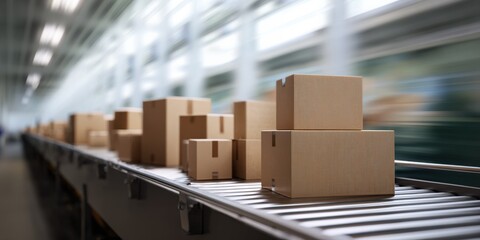 Cardboard boxes on moving conveyor belt in warehouse
