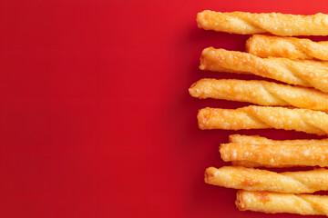 Delicious cheese straws - traditional Southern snack - regional food traditions and the joy of snack time red background