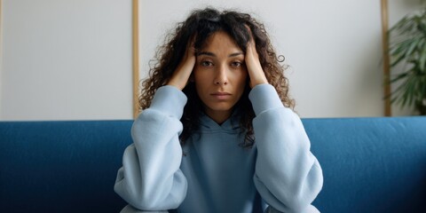 Young hispanic female with curly hair sitting on a blue couch with hands on head