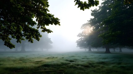 Sunlight filters through the mist in an atmospheric forest scene with oak trees and dew covered grass in the early morning