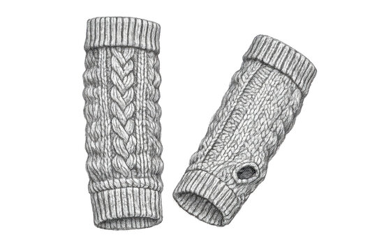 Knitted Arm Warmers with a transparent background on black backdrop.