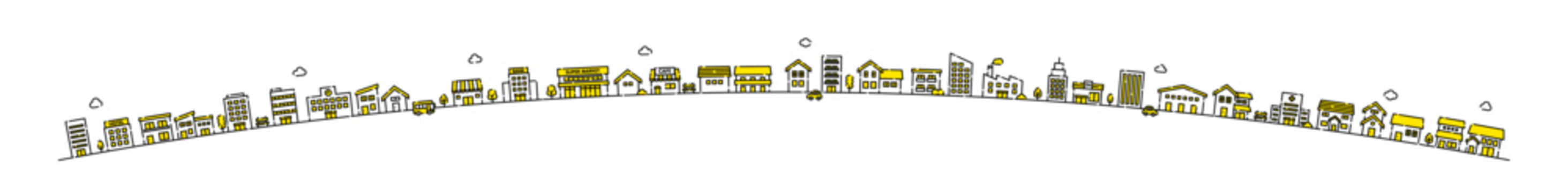 円弧に並ぶ街並みのイラスト素材｜丘の上の家と建物 ベクター素材