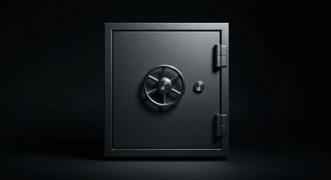 A solid, metallic safe stands centered on a black background, slightly illuminated