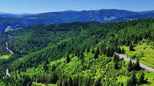 Aerial drone video of Pasul Bicaz (P&acirc;ng&icirc;rați), Carpathian Mountains, Romania