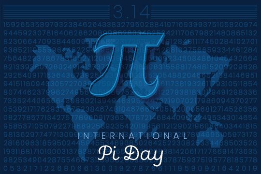 Horizontal banner for International Pi Day with pi symbol, mathematical digits and world map on a blue background. Ideal for education, science, and math celebrations on March 14.