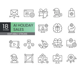 A set of vector icons representing AI-driven tools for holiday sales and marketing optimization, created in line style with editable stroke
