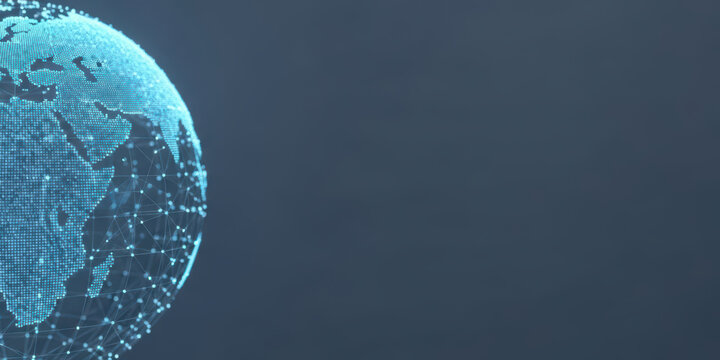 Network global earth concept with map net planet connect globe technology digital sphere data connection blue dot world cyber grid future communication innovation background copyspace minimalist - Powered by Adobe
