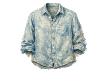 Blue artistic shirt with a transparent background, abstract painting style.