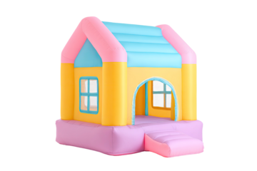 Vibrant Inflatable Bouncy Castle House with Slide and Steps Isolated on Transparent Background