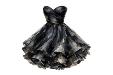 Elegant black dress painting on transparent background, ruffle skirt