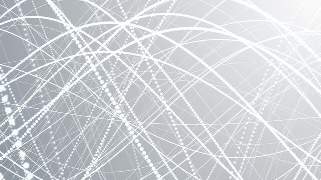 Abstract white particle lines and dots forming a dynamic network on a light background, futuristic data flow, technology and communication concept. Seamless loop