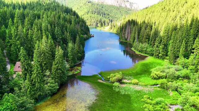 Aerial drone video of Red Lake (Lacu Roșu), Romania, in summer