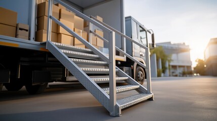 A mobile stairway is prominently displayed next to a delivery truck, as workers unload packages, illustrating the importance of accessibility in logistics and efficient operations in busy