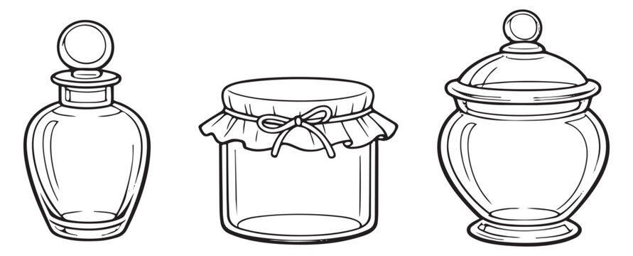 Hand drawn line art containers set featuring a perfume bottle, a jam jar, and a candy jar for packaging and storage needs