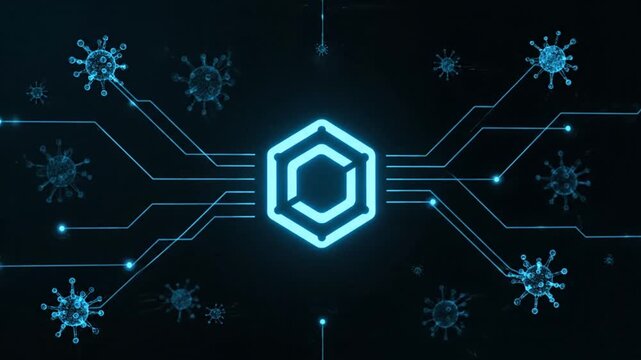 Digital Cyber Network Logo with Floating Cube and Neon Blue Circuitry Emblem.