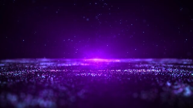 Purple glowing particle surface with soft bokeh and floating dust creates a dreamy abstract landscape, perfect for futuristic, cinematic or cosmic backgrounds. Seamless loop