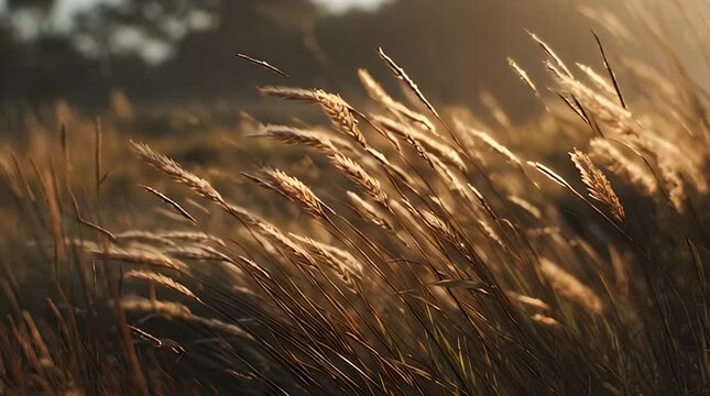 Grass Swaying in Gentle Wind with Golden Hour Glow