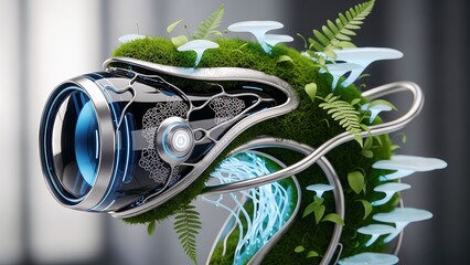 Futuristic bioluminescent device with lush greenery and glowing mushrooms