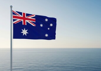 Australian Flag Waving with Open Ocean Horizon Background