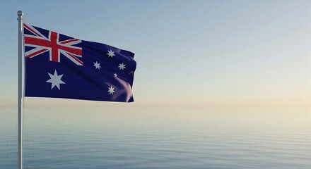 Australian Flag Waving with Open Ocean Horizon Background