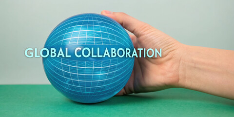Global collaboration concept with hand holding blue globe sphere symbolizing worldwide teamwork and connection in business and communication
