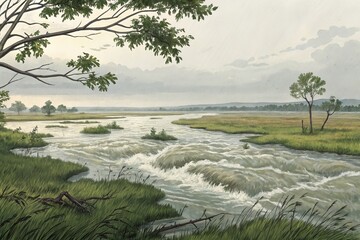 A powerful, swollen river with turbulent waters flowing through a lush, green wetland landscape under a hazy sky.