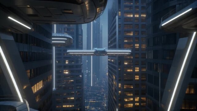 Drone Flythrough Under Futuristic Skybridge Network